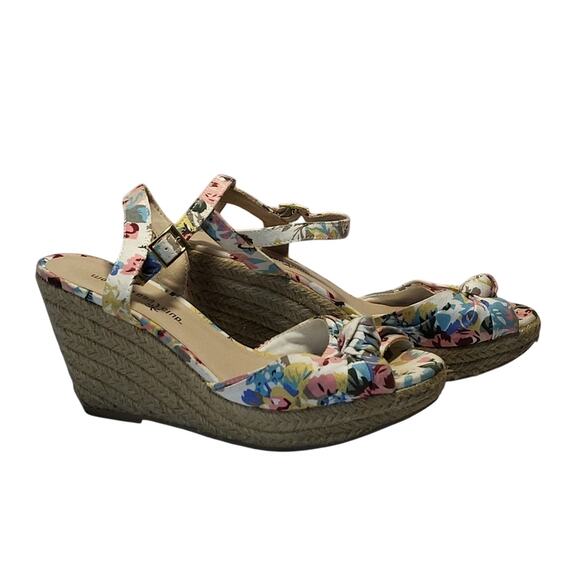 MONTEGO BAY CLUB 3.5" OPEN TOE WEDGE SANDALS – WOMEN’S SIZE 7.5 – PASTEL FLORAL - Picture 1 of 8